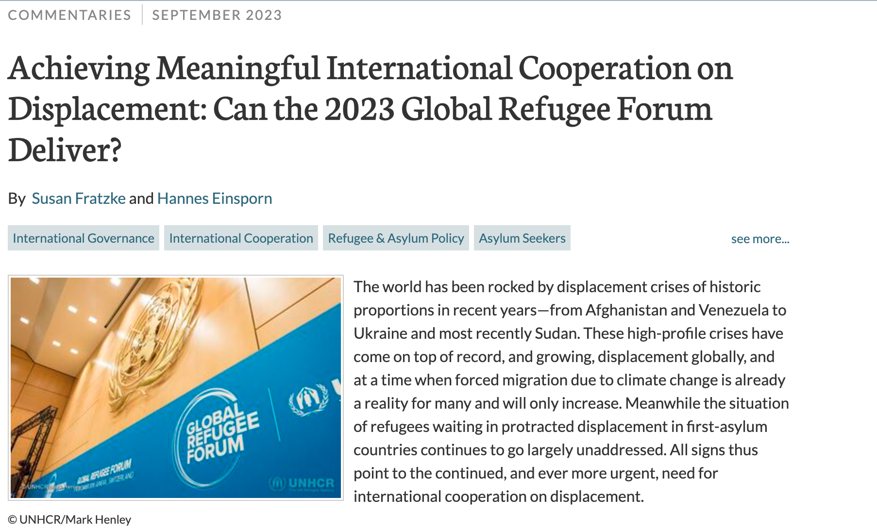 Global Refugee Forum 2023: Meaningful participation of refugees?